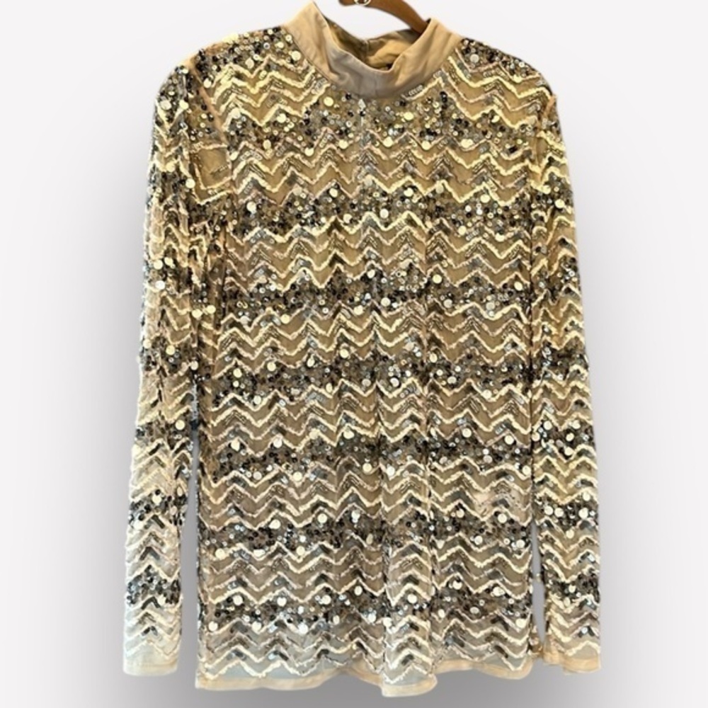 🐠Nü sequin mesh sheer blouse mock neck long sleeve medium lined neutral taupe